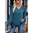 thumbnail image 3 of Solid Color V Neck Tie Cuff Long Sleeve Textured Blouse for Women Teal Small, 3 of 5