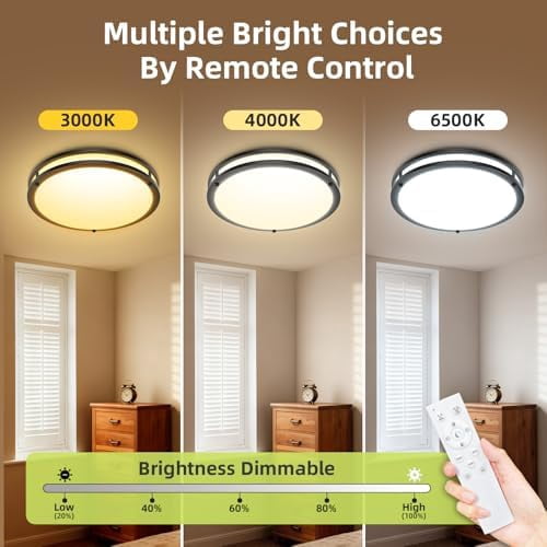 Hepside Flush Mount LED Ceiling Light with Remote, Dimmable 3000K-6500K Adjustable Ceiling Light Fixture, Timer, Night Light, 10 inch Black Ceiling Lamps for Kitchen Bathroom Bedroom Hallway, Black