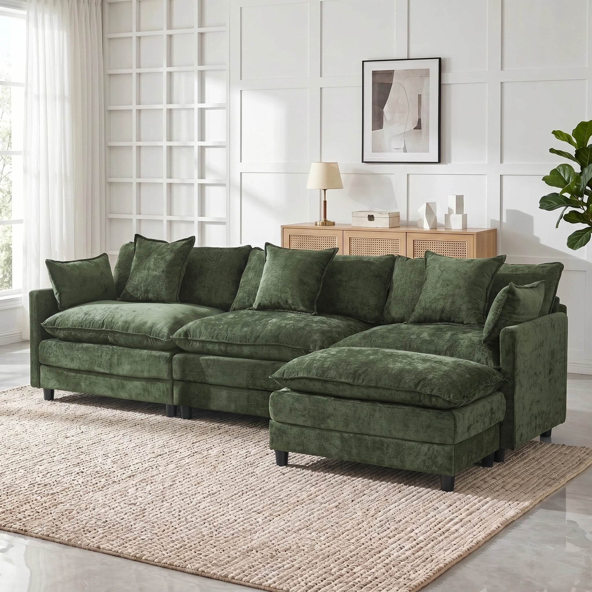 AISWORD 120" L Shaped Modular Sectional Sofa, Cloud Couch with Movable Ottoman, 4 Seat Chenille Deep Seat Sofa with Throw Pillows for Living Room, Green