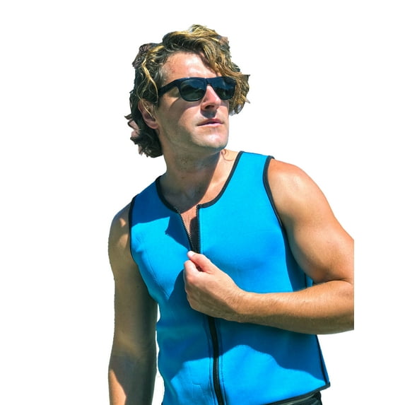 Men's Neoprene Sweat Sauna Waist Trainer Shirt Vest For Weight Loss - Hot Body Slimming Shapper W/ Zipper - Fat Burning Thermo Shapewear - Blue, XXL