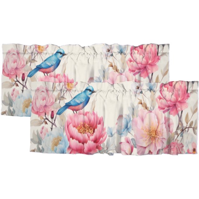 Cortinas opacas con diseño de pájaros, coloridas flores de acuarela, cenefas para ventana con aislamiento térmico, cenefas con bolsillo para varilla, 54 x 18 pulgadas (2 unidades)