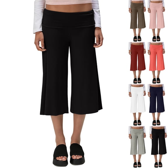 UDAUDU Fold Over Pants for Women Capris Pants Low Rise Wide Leg Yoga Gym Summer Palazzo Cute Going Out Flowy Gaucho Streetwear Pants Black L