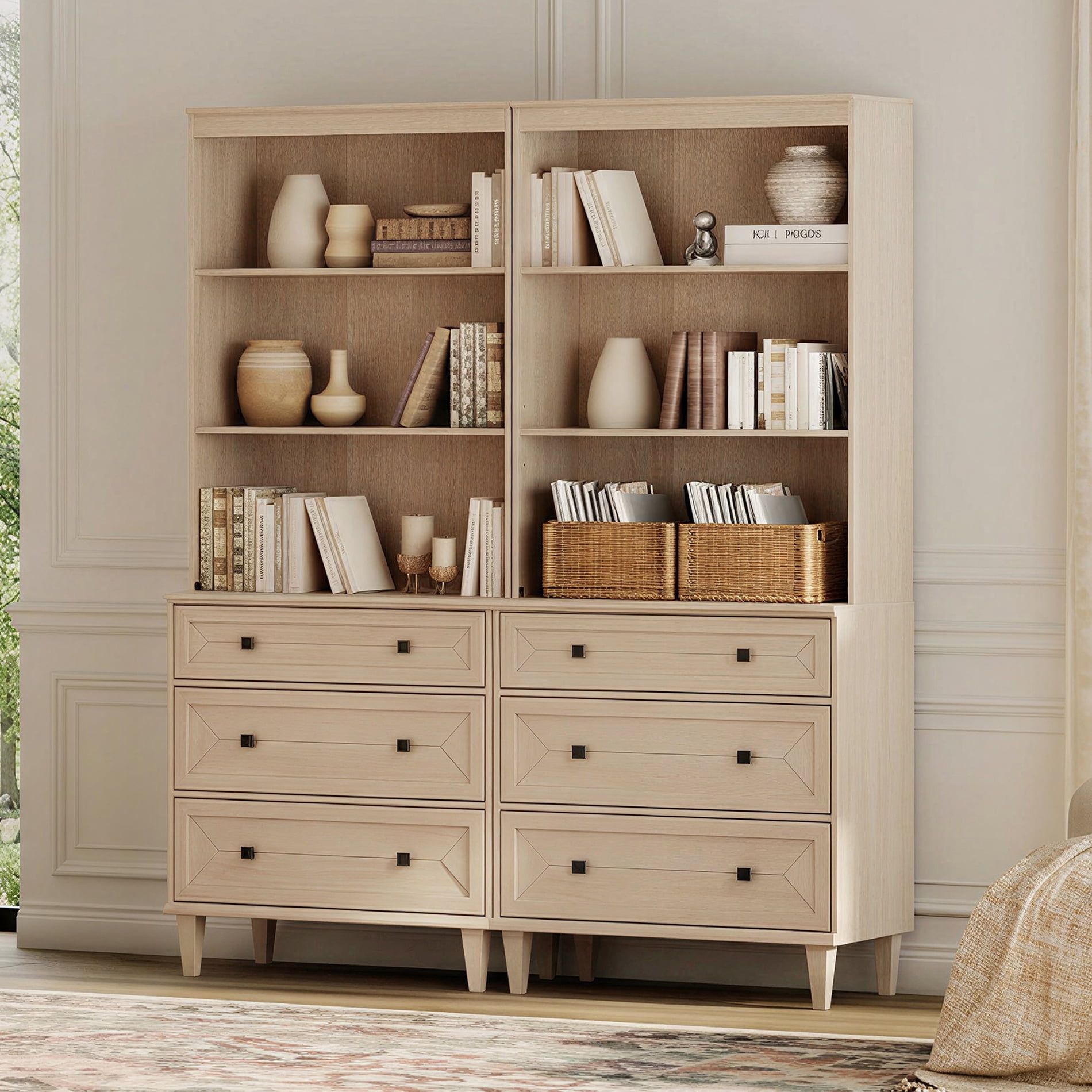 WAMPAT Handmade Patchwork 63" Wide Tall Bookshelf with Drawers, Beige