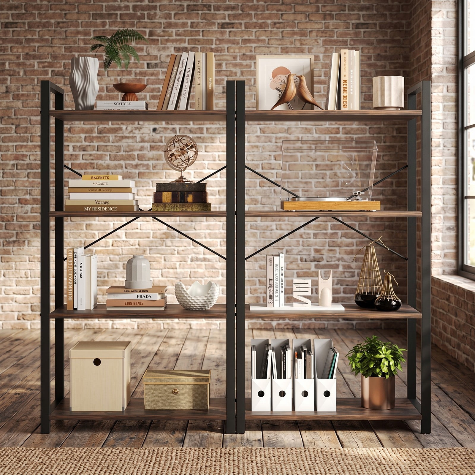 Furnibear 4-Tier Bookshelf with Heavy Duty Metal Frame, Industrial Freestanding Display Storage Shelf with X-Shaped Bracket and Anti-Tip Kits for Living, Rustic Brown