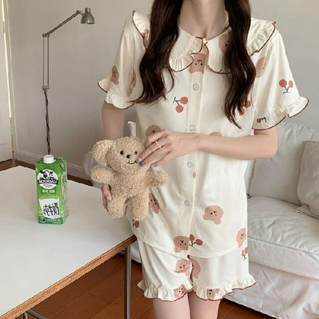 

PIKADINGNIS New Girl Pajama Sets Turn-down Collar Short Sleeve Women Summer Printed Cartoon Thin Kawaii Trendy Womens 2pcs Pyjamas Elegant