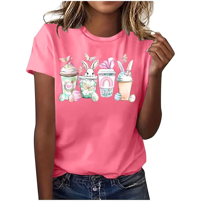 Mujeres Manga Corta de Verano Tops Pascua Impresa Cuello Redondo, Blusa de Moda Casual para la Primavera