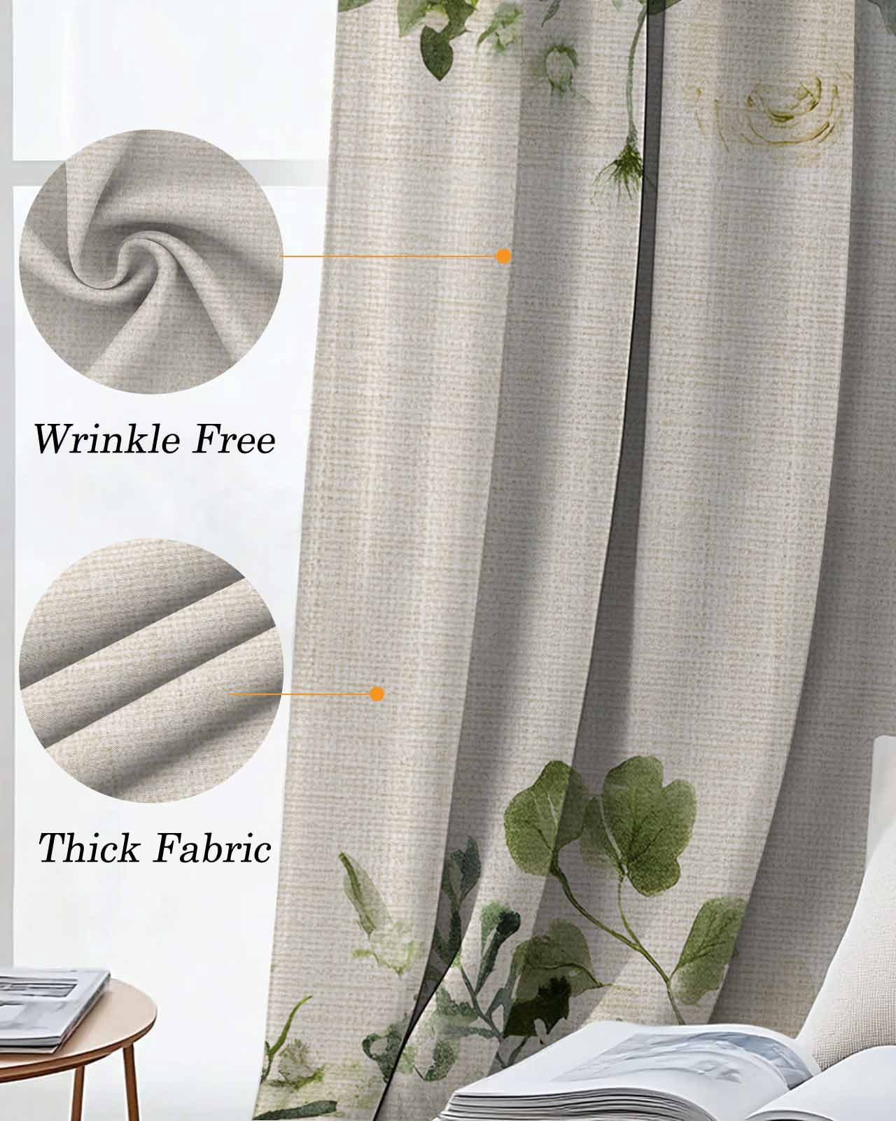Spring Flower Blackout Curtains 63 Inch Length Watercolors White Wildflowers Green Leaves Linen Texture Thermal Insulated Window Curtain Window Drapes 2 Panels for Bedroom Living Room 52"Wx63"L