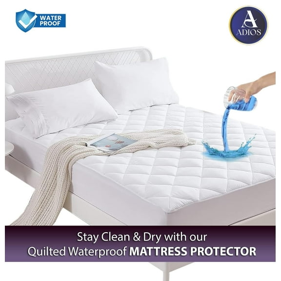 A Adios Queen Size Quilted Fitted Mattress Pad Cover, 100% Waterproof Mattress Protector, Deep Pocket Fitted 8" - 16", Breathable & Noiseless, Soft and Comfortable (60" x 80", White)