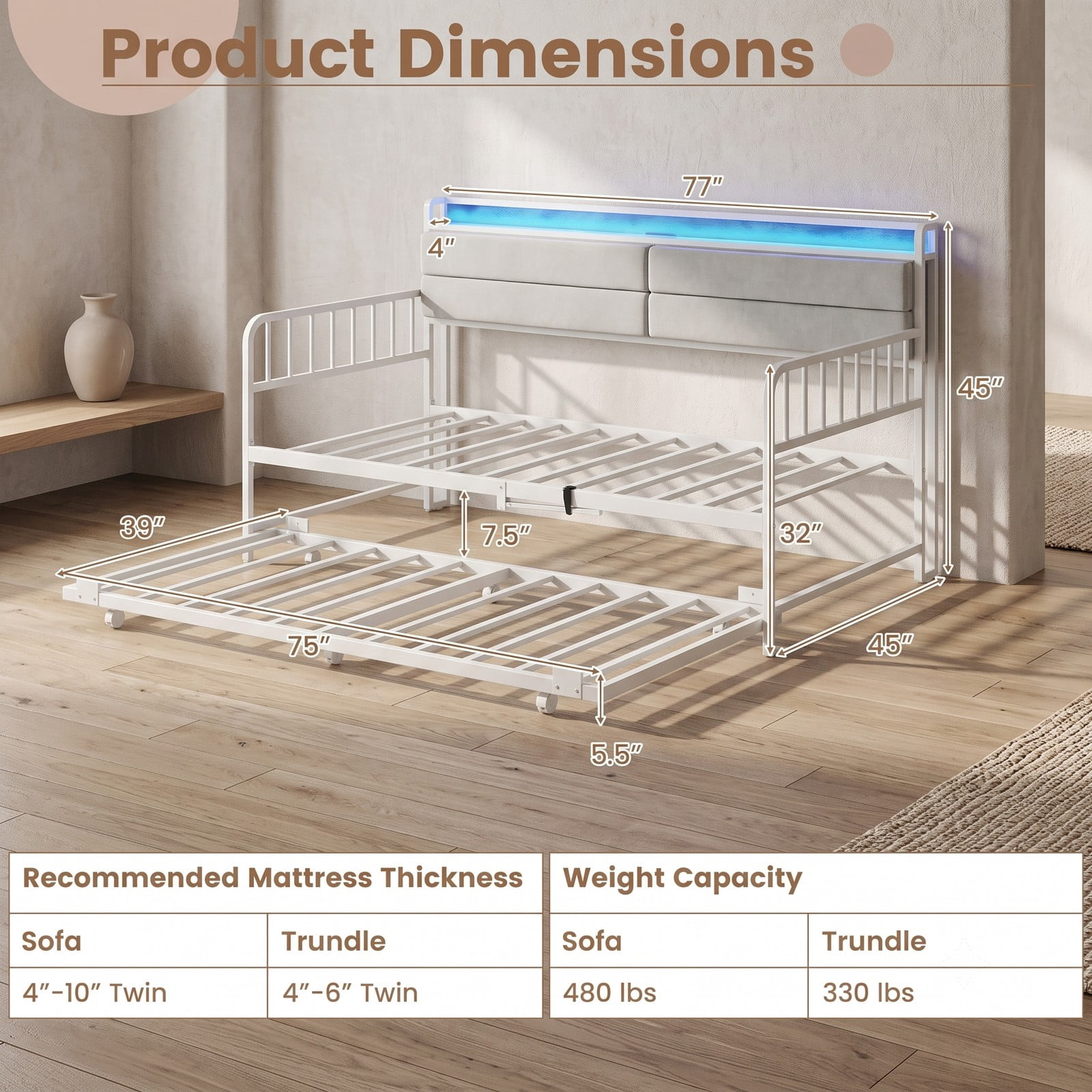 Furnibear Twin Metal Daybed with Pull-Out Trundle and Upholstered Storage Headboard with Charging Station and RGB LED, White