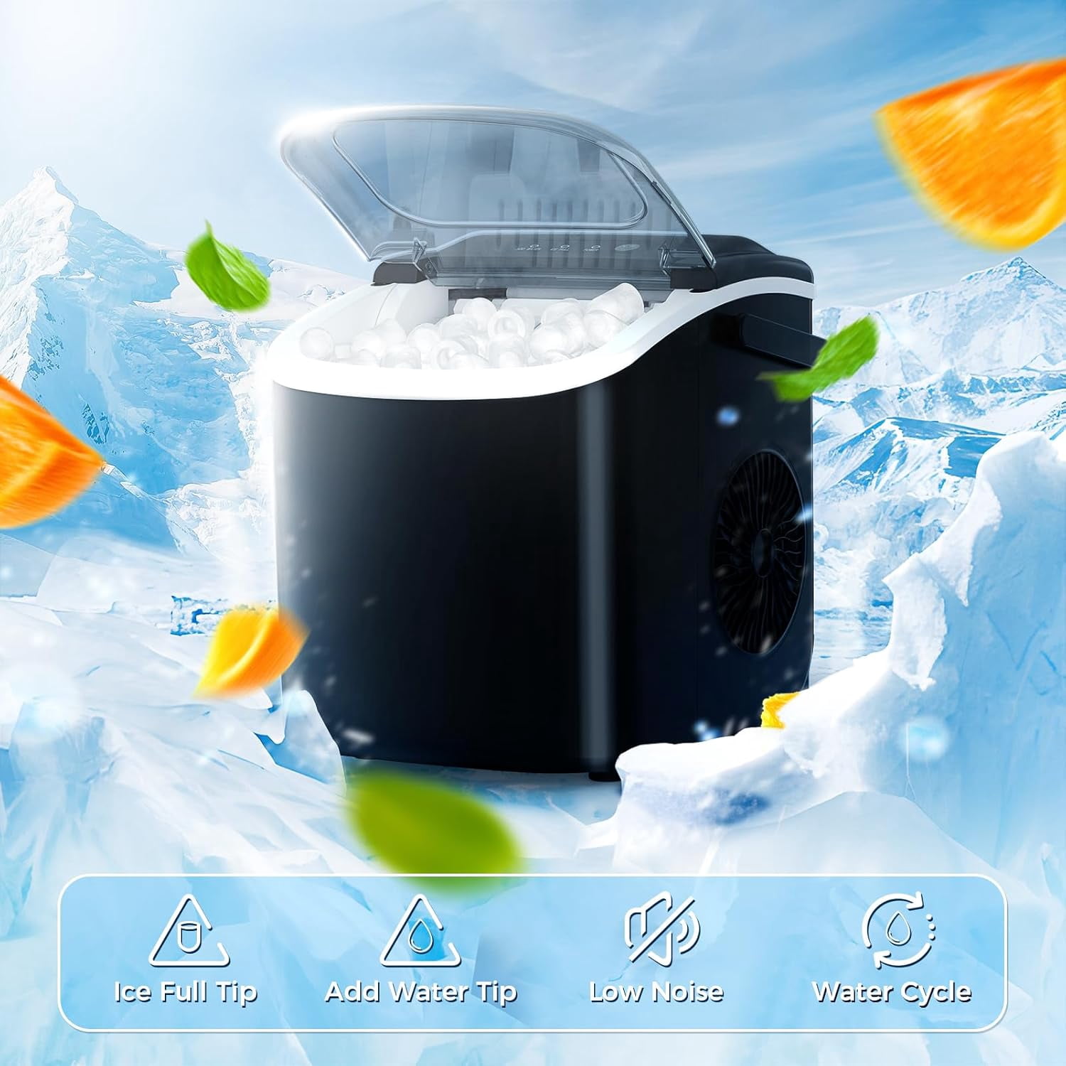 WAA 26lbs Daily Output Portable Ice Maker,9 Pcs Ready in 6 Mins Countertop Ice Machine,Self-Cleaning Compact Electric Ice Maker for Kitchen,Office,Party & RV