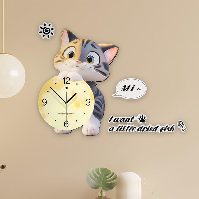 Reloj de pared con forma de gato, fácil de leer, práctico y fácil de usar, redondo, para colgar en el dormitorio o la cocina