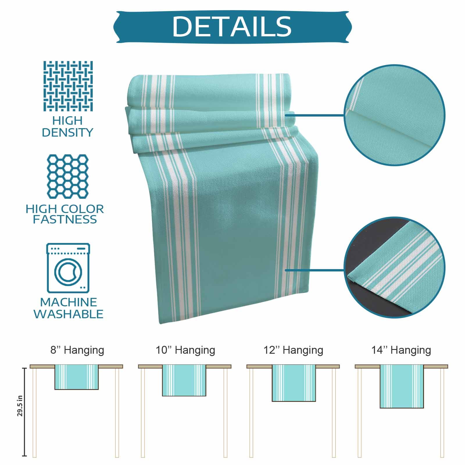 Aqua Striped Table Runner, Luxurious White Stripes Modern Abstract Art Cotton Linen Table Runners 120 Inches Long, Dresser Scarf Runner for Dining/Living Room/Kitchen/Square Tables 13''x120''