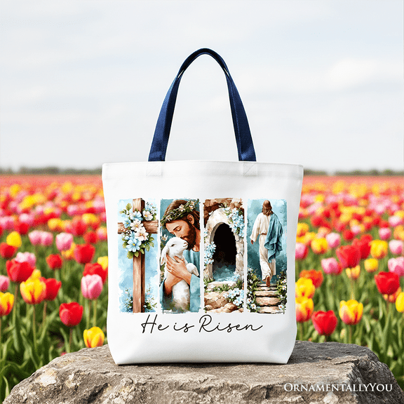 He Is Risen Christian Brushstroke Canvas Tote Bag, Festive Easter Gift Shopper