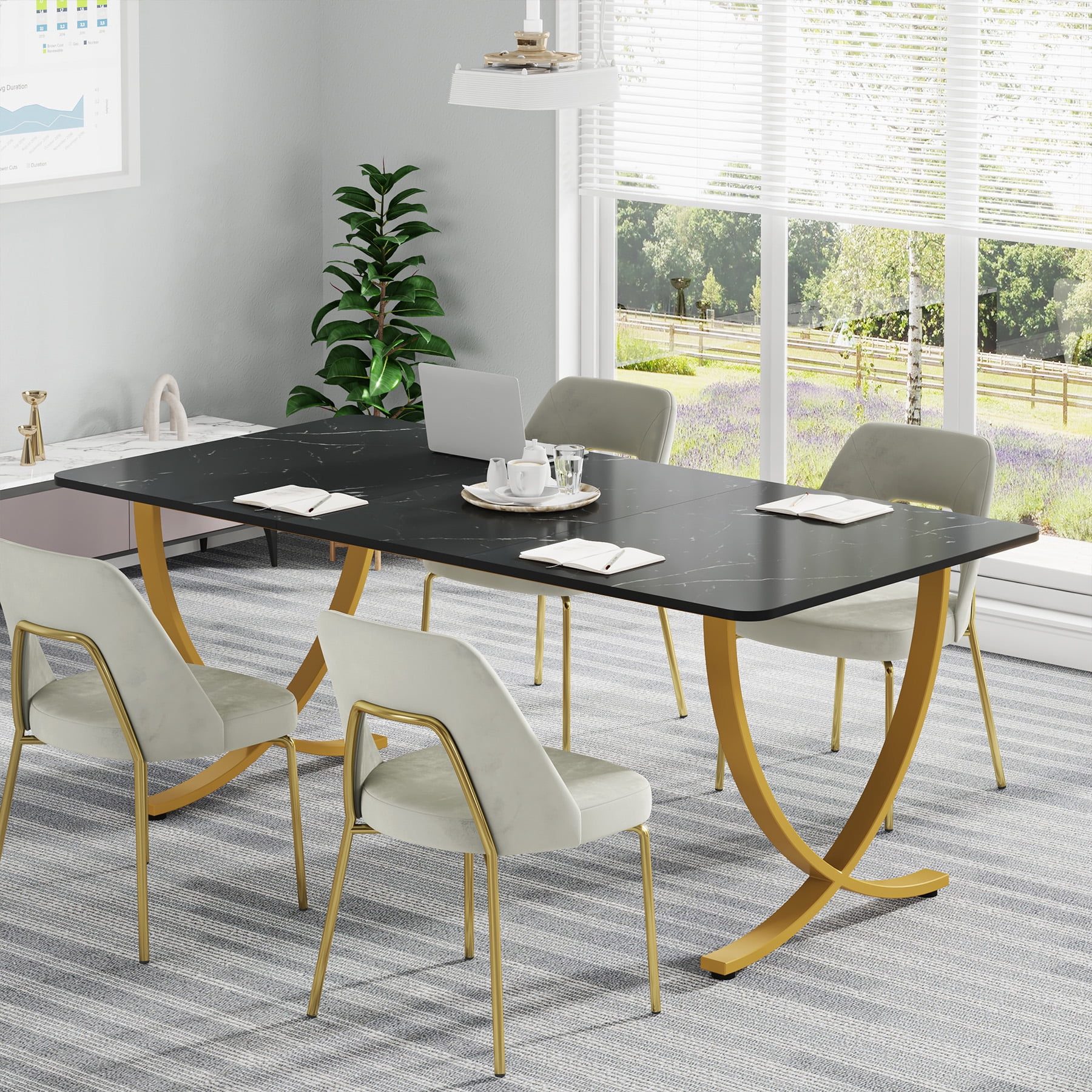 Tribesigns 63" Executive Desk, Large Office Desk with Black & Gold Finish, Modern Computer Desk for Home Office, Conference Room