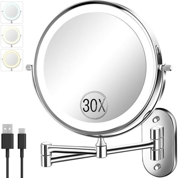 30X/1X Wall Mounted Lighted Makeup Mirror, 8'' Double Sided Rechargeable Magnifying Bathroom Mirror with Light, 3 Color Lights Touch Dimmable Extended Arm 360 Rotation Light up Mirrors