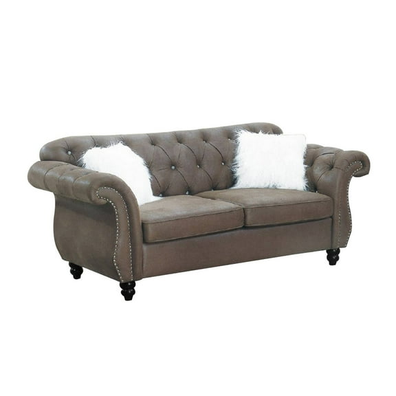 Benzara Rima Upholstered Modern Fabric & Wood Loveseat with Rolled Arms in Brown