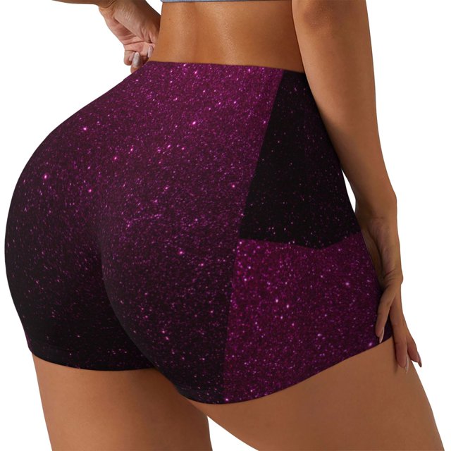 Fotbe Dark Purple Glitter Shorts Sin Costuras – Shorts Deportivos de Cintura Alta para Mujer, Elásticos para Gimnasio, Yoga, Running o Ciclismo-Medium