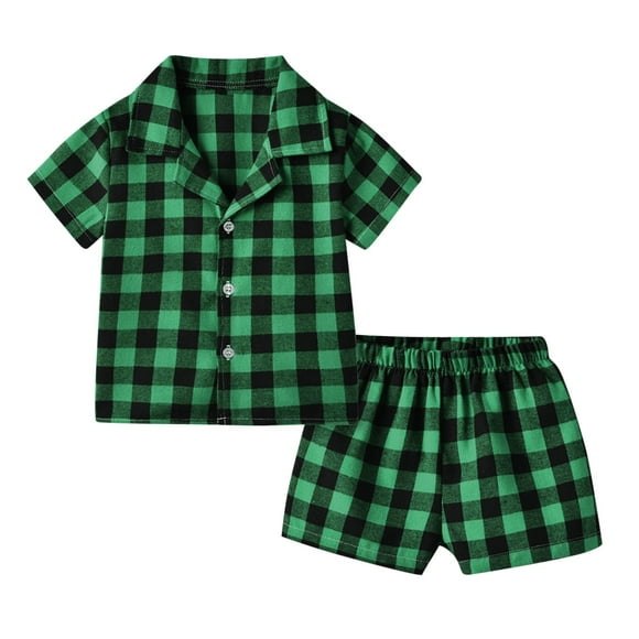 Hinvhai Toddler 2pc Plaid Print Buttons Shirts Shorts Pajamas Sets Clearance Kids Boys Bedroom Family Lounge Sleepwear Nightgowns Green 80(80)