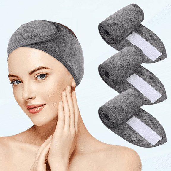 Adjustable Spa Facial Headband, Soft and Breathable Makeup Wrap for Face Washing, Shower, Yoga Sports, 3 Pack Gray