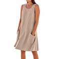 thumbnail image 1 of Vestido sin mangas estampado de lino para mujer: largo hasta la rodilla, estampado floral, bolsillos, ropa de verano para la playa., 1 of 7