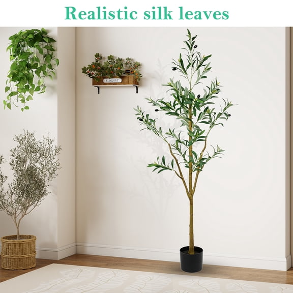 7 Foot Artificial Olive Tree Natural Wood Trunk Realistic Silk Leaves and 8 Fruit Colors Faux Plant for Home Office Living Room Decor