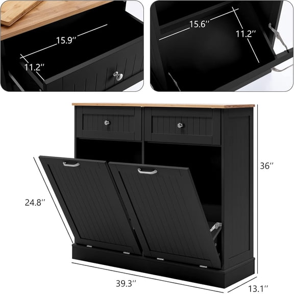 Freestanding Wooden Kitchen Trash Recycling Cabinet with Drawer & Removable Cutting Board, 20 Gallon Capacity, Black