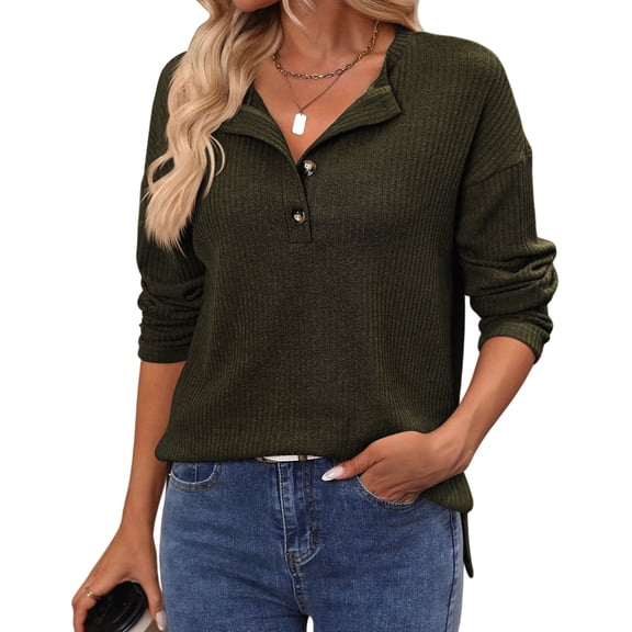 Women'S Henley Shirts Long Sleeve V Neck Ribbed Button Down Knit Sweater Fitted Tops Green S
