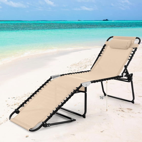 Beach Lounge Chair for Outside, Folding Chaise Lounge Outdoor with 4-Position Backrest, Removable Headrest and Side Pocket, Portable Sunbathing Tanning Chair for , Poolside (1, Beige)