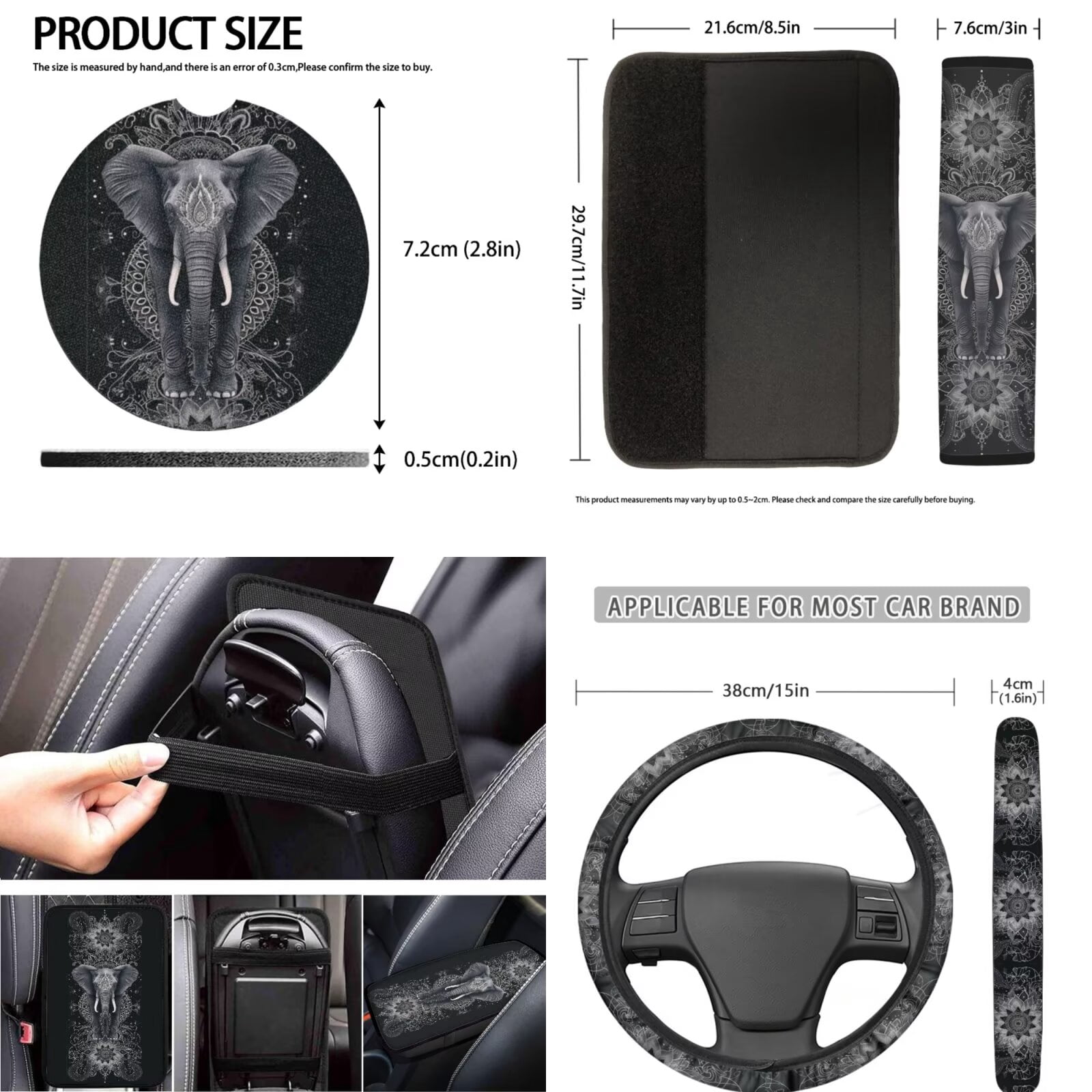 LedBack 12 Pcs Boho Elephant Car Seat Cover Full Set for Women Men, Universal Car Accessories Non Slip Steering Wheel Covers Soft Armrest Pads Seat Belt Cover Coaster for Cars Trucks SUVs
