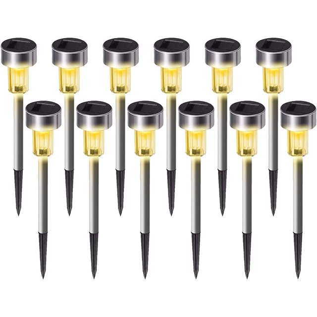 Paquete de 12 (blanco cálido) luces solares para exteriores, impermeables, de acero inoxidable, LED, iluminación de paisaje con energía solar, luces solares de jardín para caminos, pasarelas, patios,