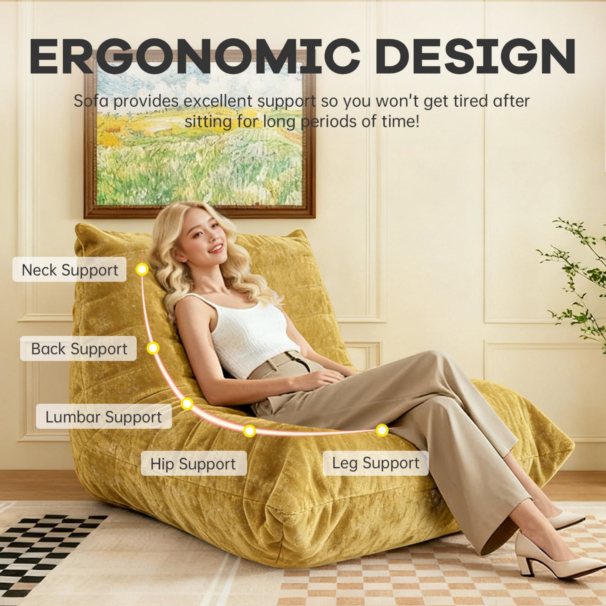LLappuil Bean Bag Chair, Lazy Sofa Chair for Adults, BeanBag Chair Bean Bag Sofa with Memory Foam for Living Room Bedroom Yellow