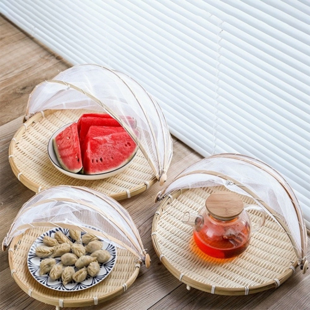 D-GROEE Food Serving Tent Basket - Hand-Woven Bamboo-Serving-Basket Dustproof-Bug-Proof Mosquitoesor Vegetable Fruits Food Meals Round Square Container