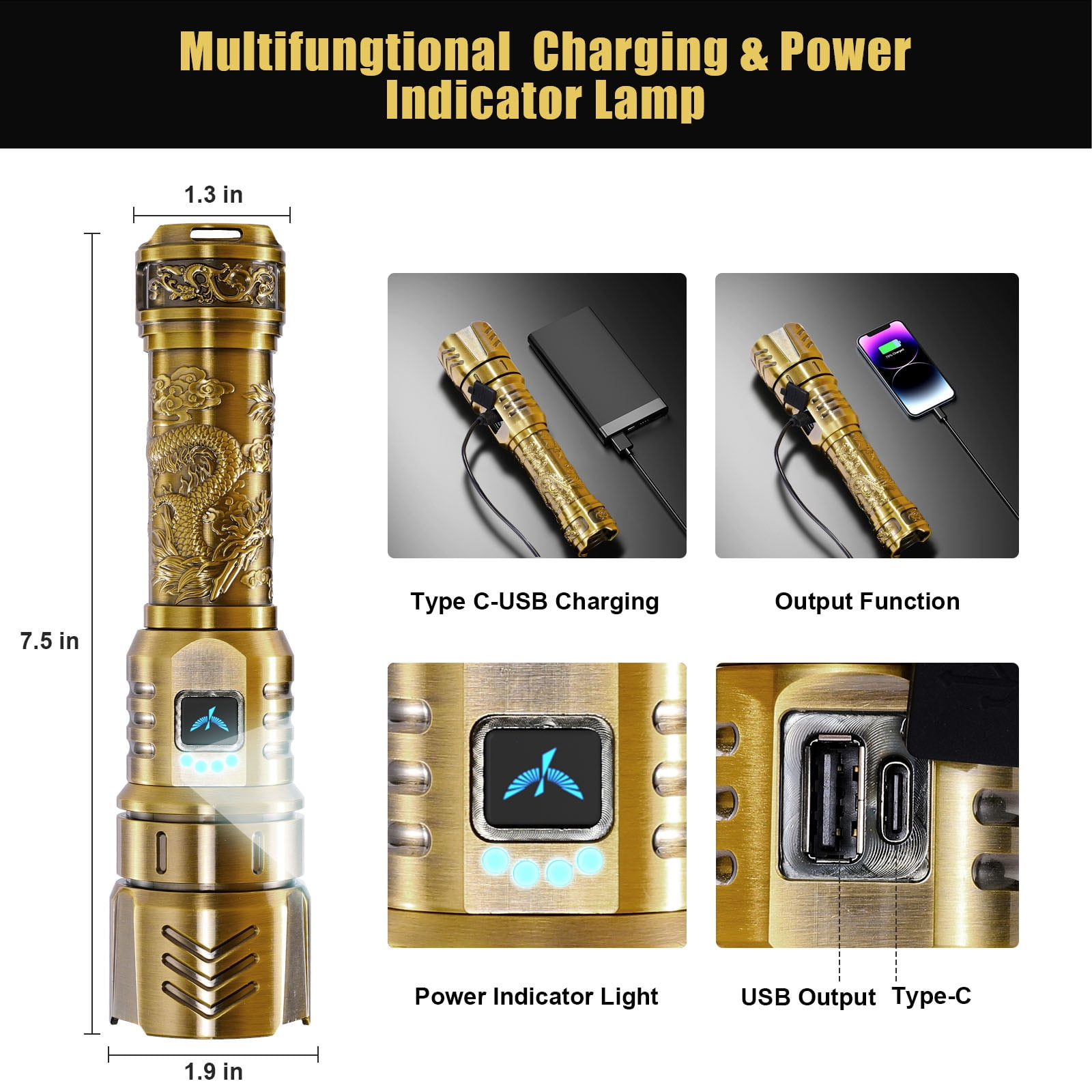SKYFIRE LED High-brightness Gold Dragon Pattern Flashlight, 4000mAh rechargeable flashlight with ignition lens, zoom function, four modes, suitable for camping, outdoor and household use