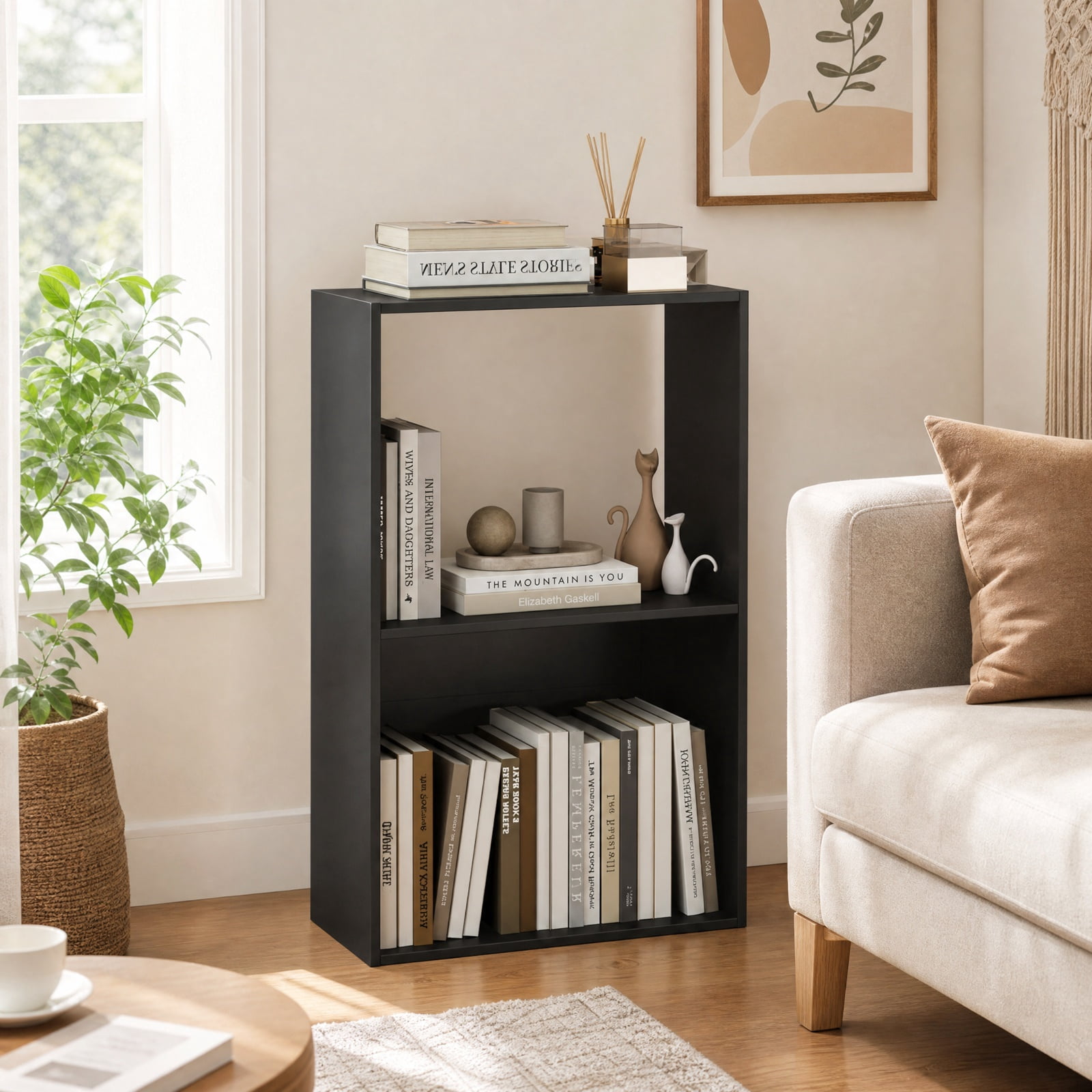 Furnibear Set of 2 3-Tier Freestanding Bookshelf with Open Storage Compartment and Display Shelf for Home Office and Study, Black