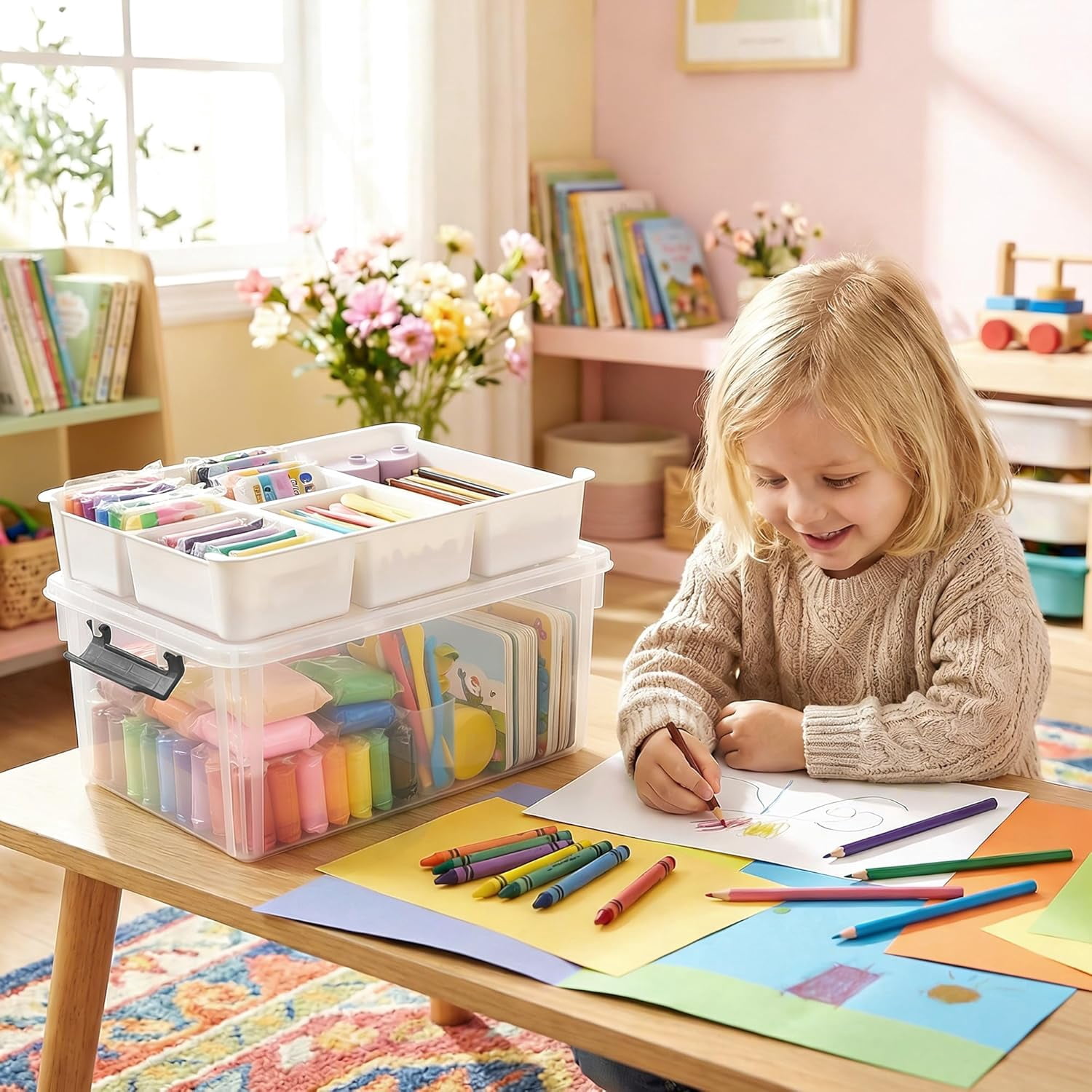 17 QT Clear Stackable Craft Storage with 1 Removable Fixed-Compartment Tray, Craft Organizers and Storage for Painting, Coloring Book & Playdoh Supplies, 2 Packs