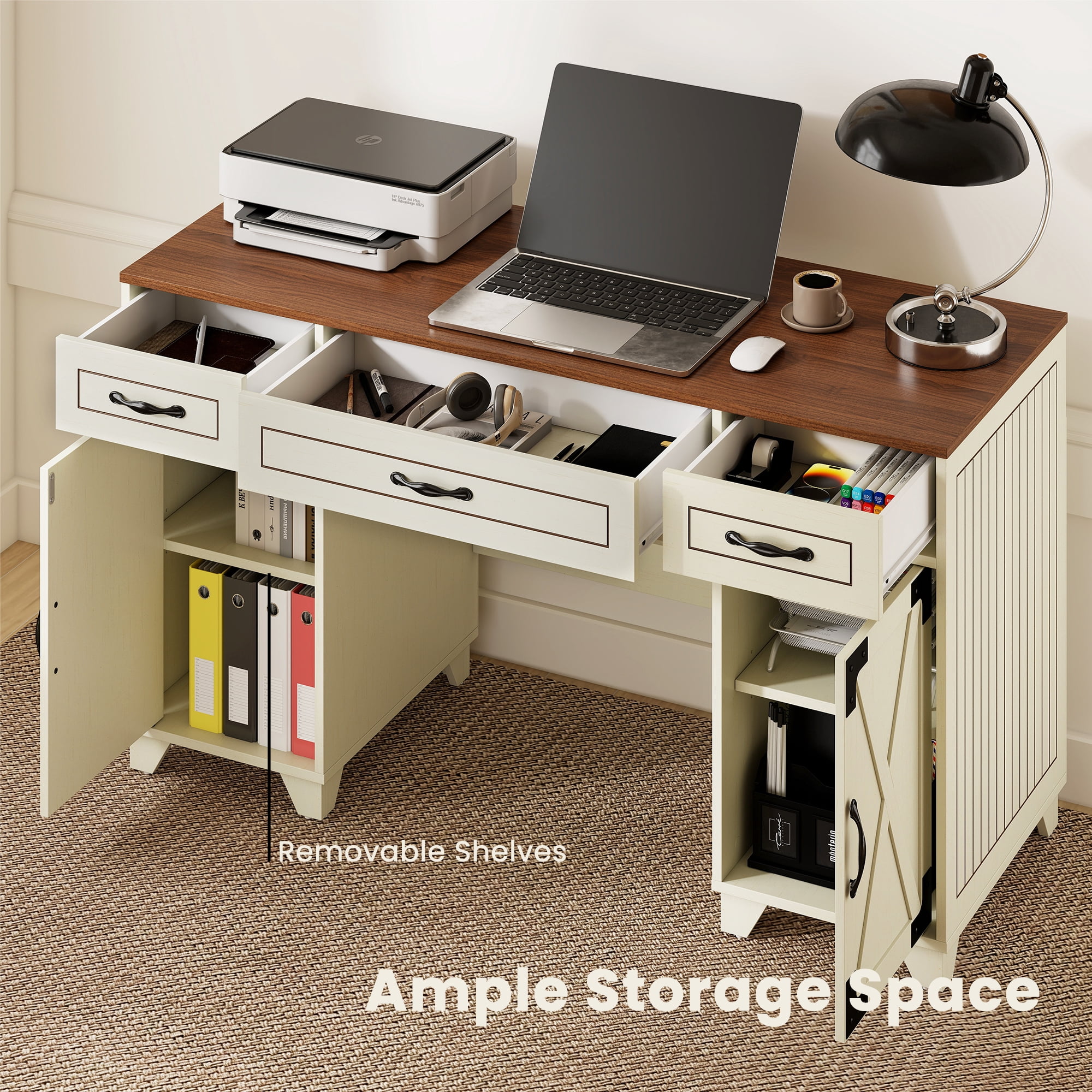 Manora Executive Desk with File Drawers and Cabinets Storage, 53'' Farmhouse Desk Modern for Adult Home Office, Rustic White&Brown Finish