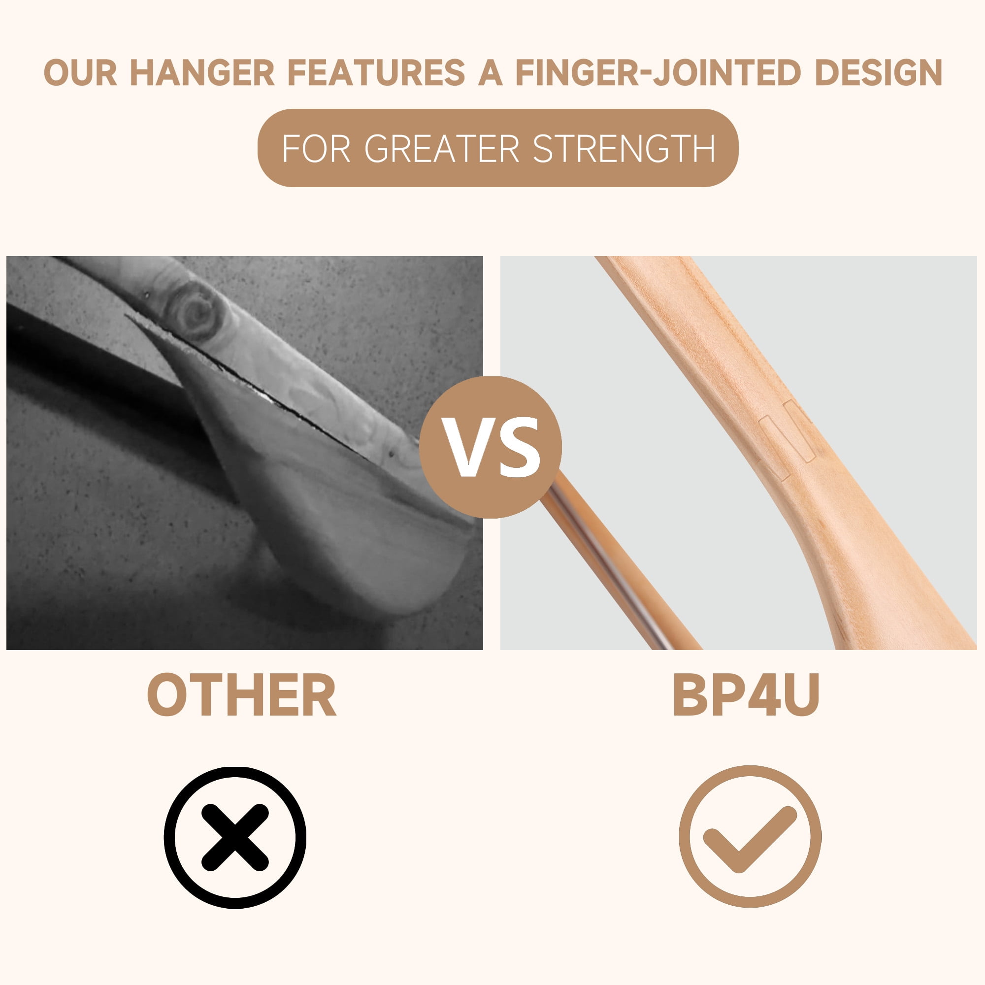 BP4U 6-Pack Premium Wide Shoulder Wooden Suit Hangers, Heavy-Duty Non-Slip Solid Wood Coat Hangers with Locking Bar for Suits & Coats(Natural Wood)