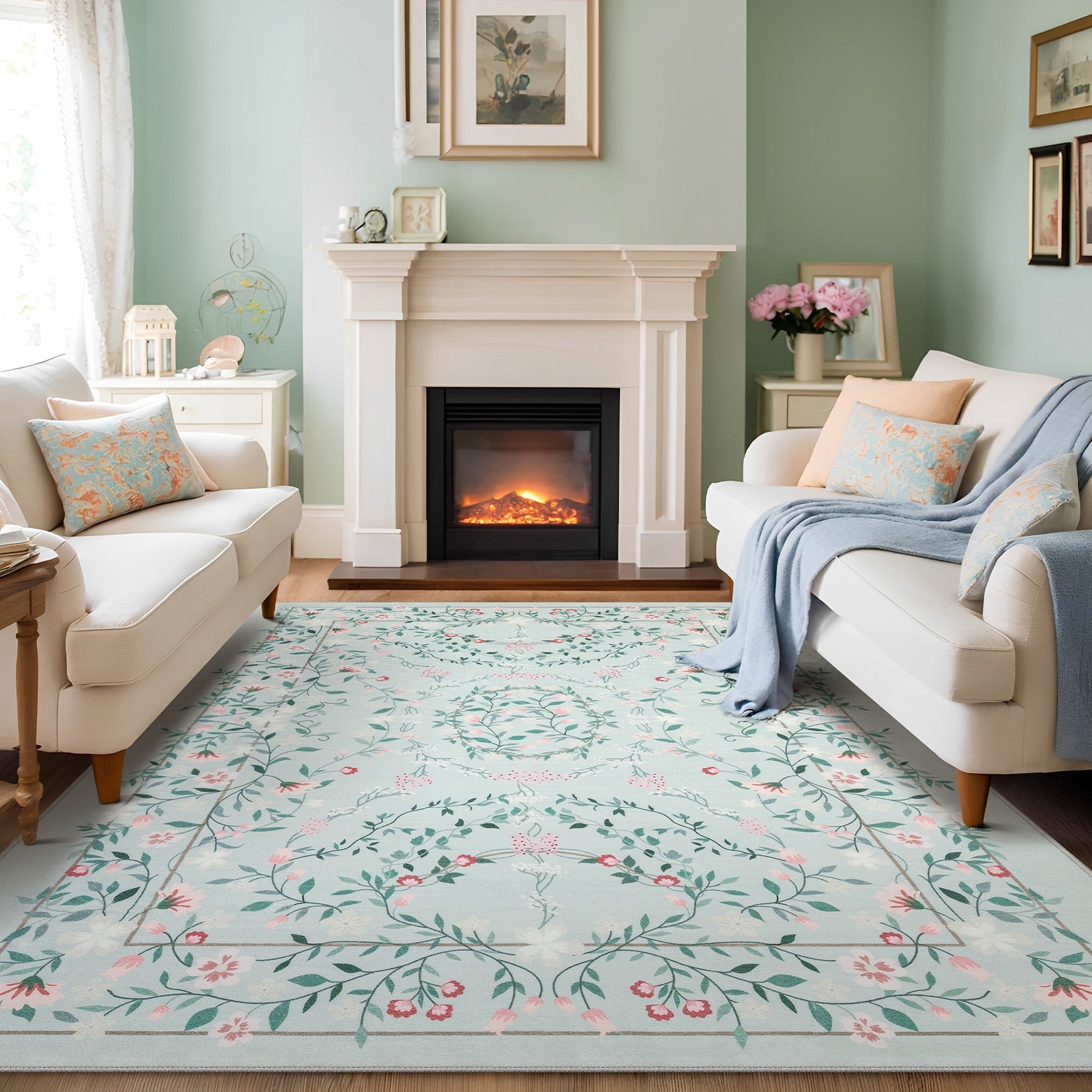 8x10 Area Rug Living Room Rugs - Washable Vintage Floral Soft Thin Large Rug Indoor Floor No Slip Rug Carpet for Bedroom Under Dining Table Home Office Decor - Green