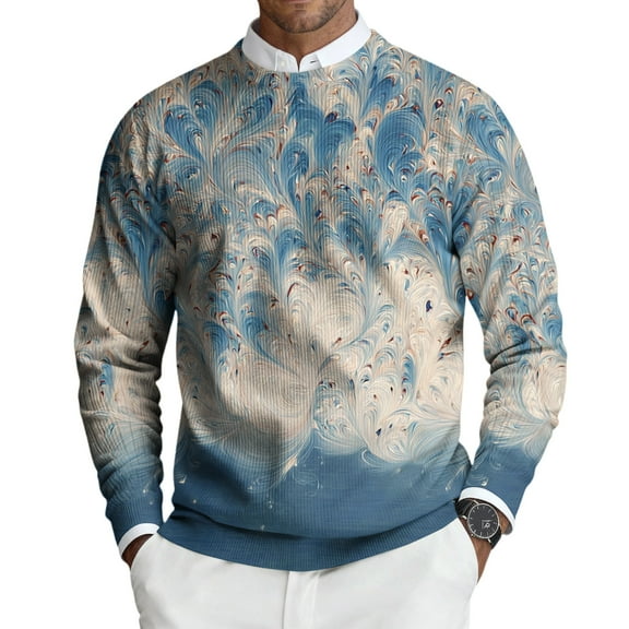 CharmCyan Men’s Long Sleeve Crew Neck Sweater with Abstract Floral Print Lightweight Knit Pullover Casual Fit Top for Everyday Wear Blue L