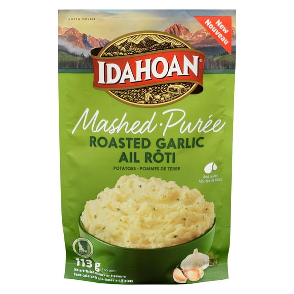 Idahoan - Purée de pommes de terre à l'ail roti d'Idahoan Purée de pommes de terre à l'ail roti d'Idahoan. Fait de vraies pommes de terre Idaho à 100 %, elles se marient parfaitement avec l'ail roti et le persil