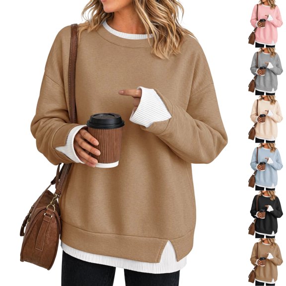 UDAUDU Womens Crewneck Sweatshirts Fall Clothes Fashion School Teacher Outfits Cowboy Cozy Side Slits Patchwork Long Sleeve Pullover Tops Layered Winter Oversized Sweatshirts L