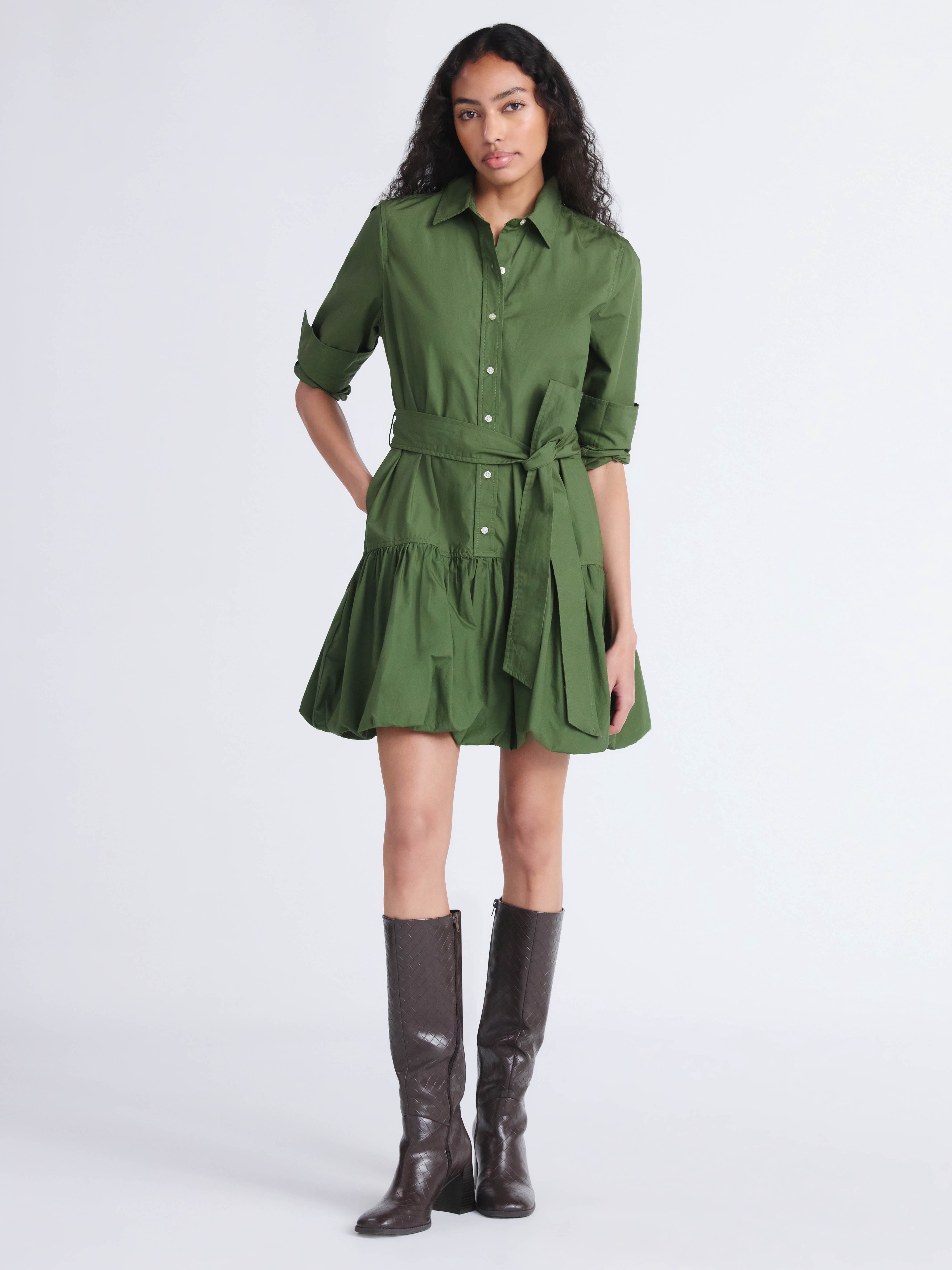 Free Assembly Women's Belted Bubble Hem Cotton Mini Dress with Long Sleeves, Sizes XS-XXL