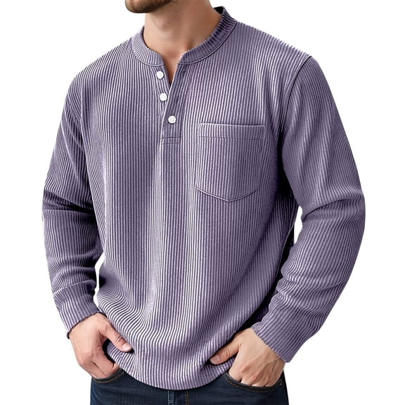 PIOMLL Mens T Shirt Long Sleeve Pure Color Corduroy With Three Buttons Formal Wear Purple Classic Fall Tees 4XL