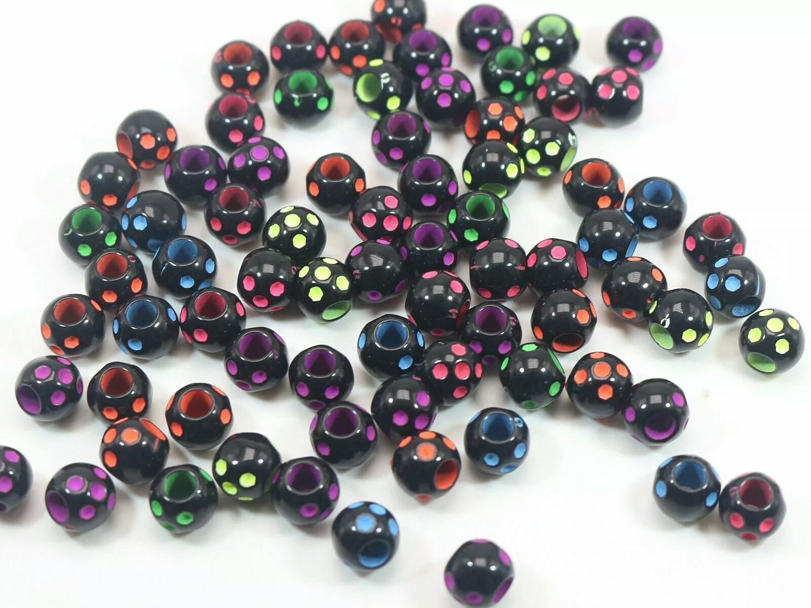 U8MO 200 Black with Neon Coloured Dots Round Pony Beads 10mm for Kids Craft Kandi