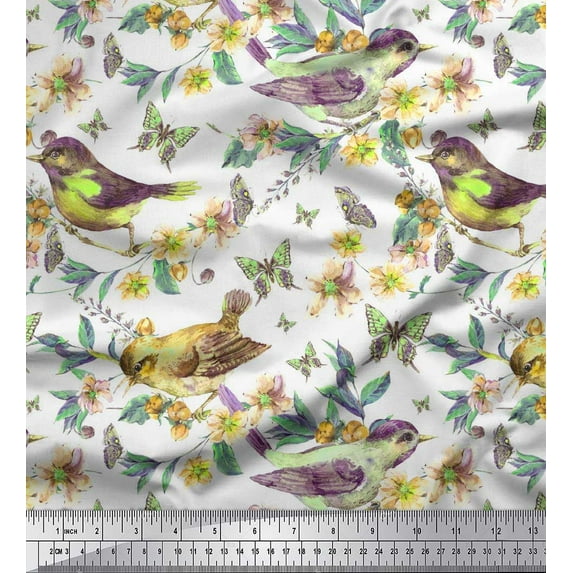 Soimoi Yellow Poly Georgette Fabric Insect,Floral & American Robin Bird Printed Fabric 1 Yard 52 Inch Wide