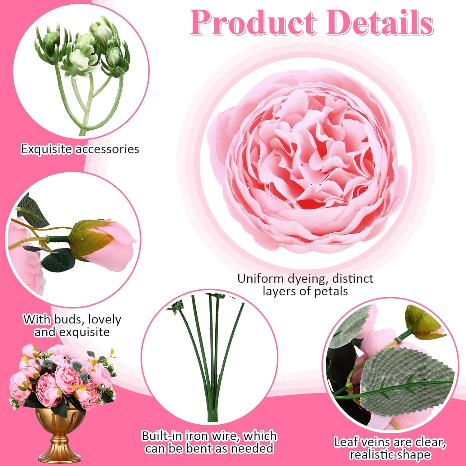 24 Bundles Artificial Peonies Flowers Wedding Faux Flowers Silk Peony Bouquet Bulk Bride Fake Florals Arrangements for Table Centerpieces Wedding ​Party Vase Decor (Light Pink)