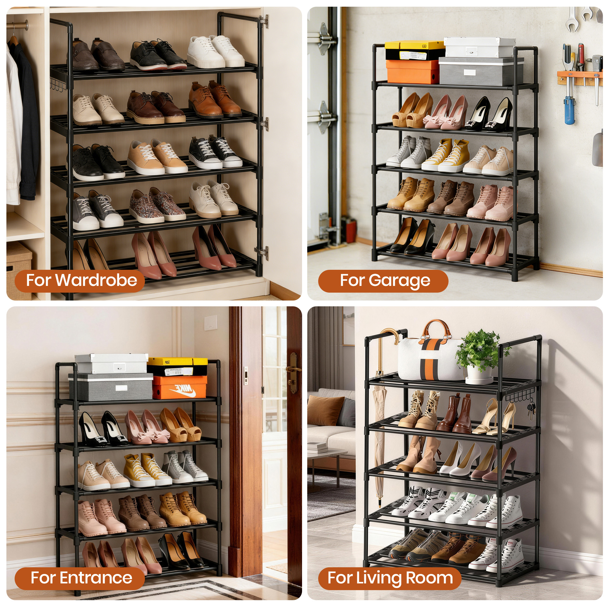HadinEEon 5-Tier Shoe Rack with Hook, Black Metal photo 2