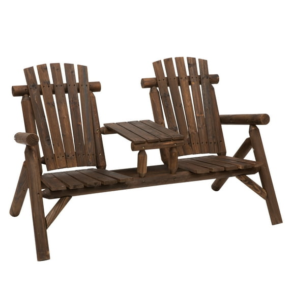 2-Seat Wooden Adirondack Chair, Patio with Table, Outdoor Loveseat Chair for Porch, Backyard, Deck, Carbonized
