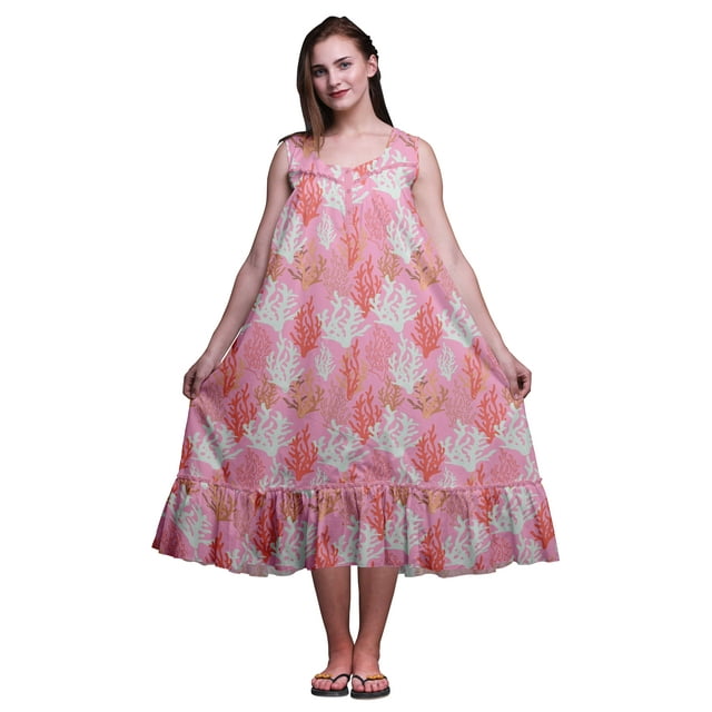 Bimba Robe de Nuit Mi-Mollet Rose Pâle Corail Océan pour Femmes, Coton Imprimé, Sans Manches, Maxi, X-Small