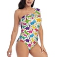 thumbnail image 3 of Salouo Colorful Dinosaurs Pattern One Shoulder Ruffled One Piece Swimsuit for Women V Neck Swimwear Tummy Control Bathing Suit-Medium, 3 of 6